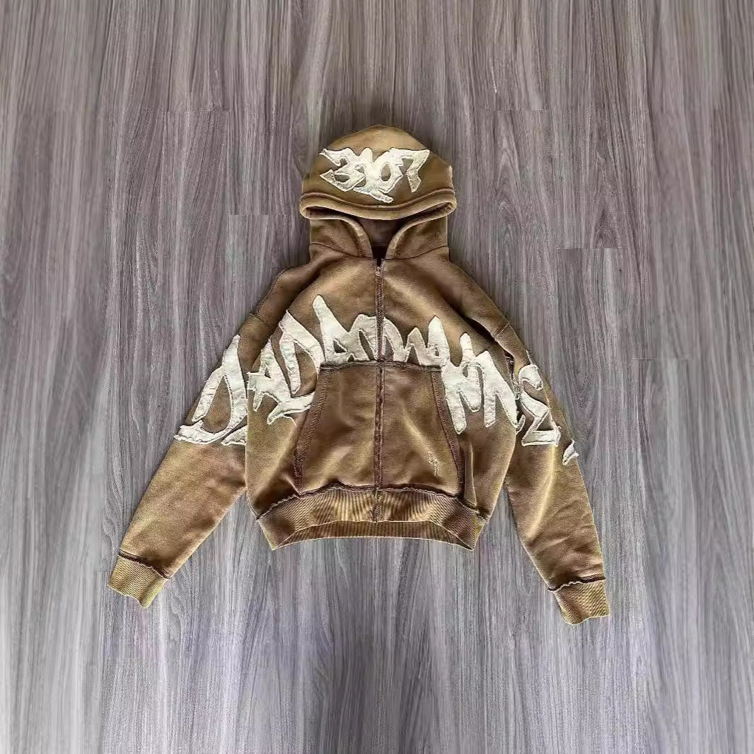 Hooded 3D Letter Print Loose Zip-Up Sweatshirt