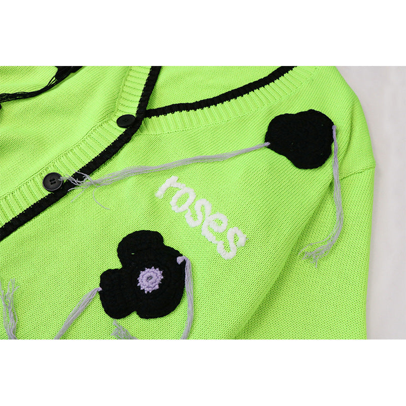 New Loose French V-neck Knitted Cardigan Women Cartoon Embroidery
