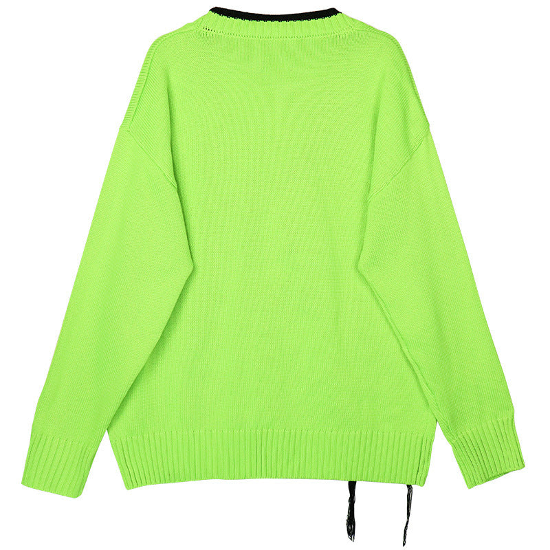 New Loose French V-neck Knitted Cardigan Women Cartoon Embroidery