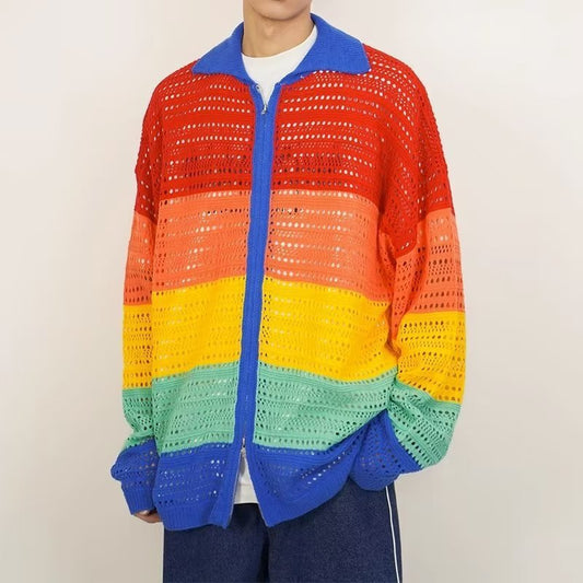 Colorful Striped Hollow Fashion Brand Casual All-matching Hip Hop Lapel Cotton Knitwear