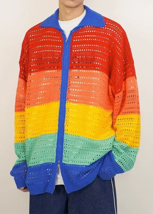 Colorful Striped Hollow Fashion Brand Casual All-matching Hip Hop Lapel Cotton Knitwear