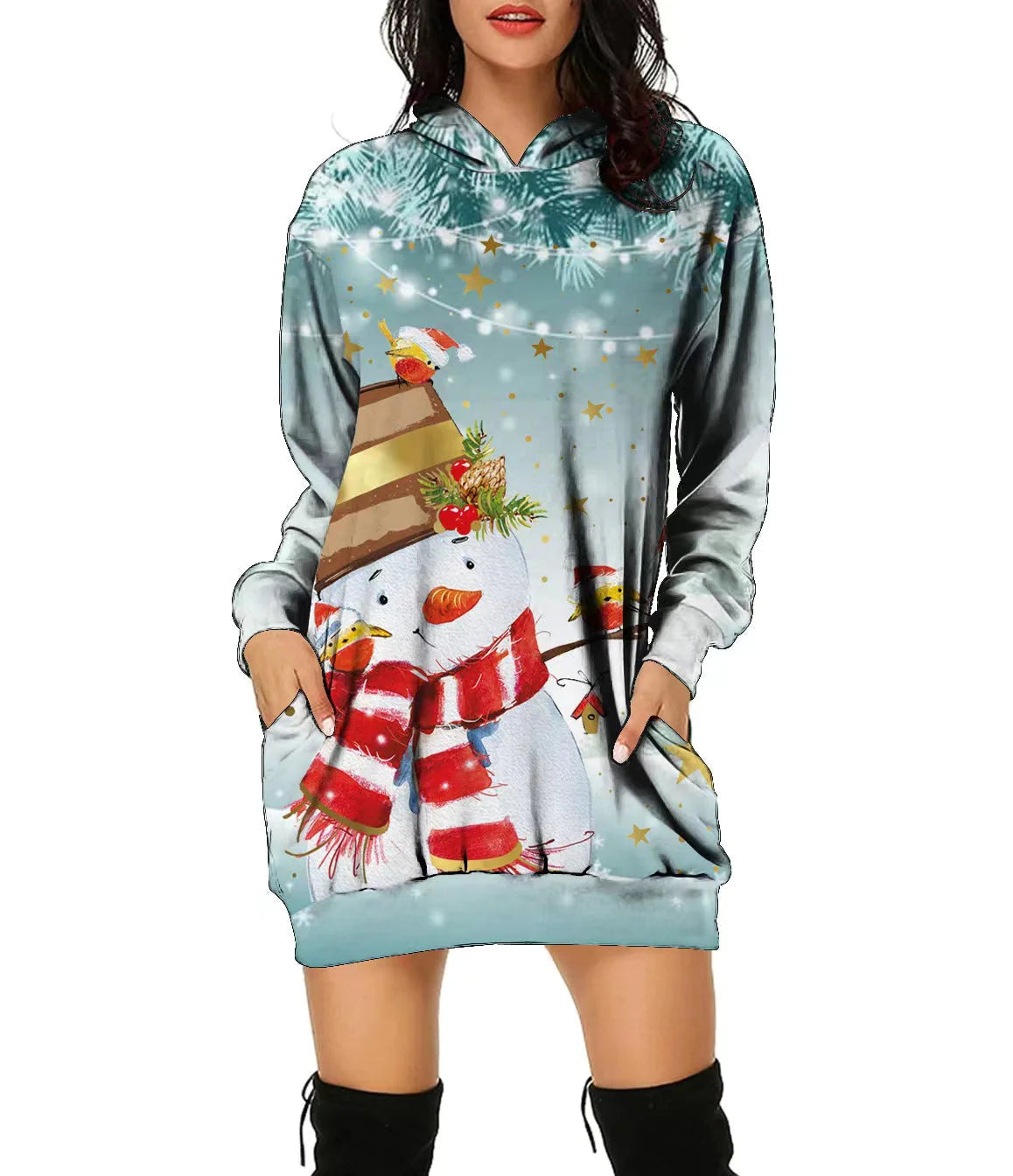 New Christmas Hoodie Moose 3D Printed Long Hoodie Autumn Loose Hoodie Dress