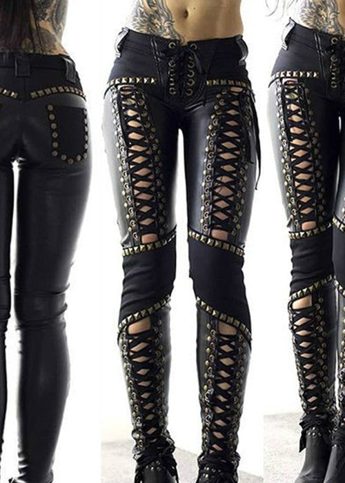 Punk Rock Leather Skinny Pants Strap Base Leather Pants