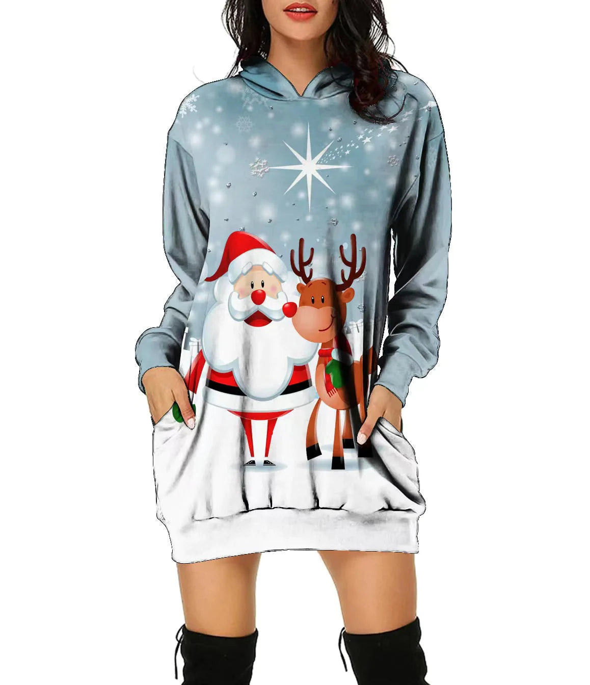 New Christmas Hoodie Moose 3D Printed Long Hoodie Autumn Loose Hoodie Dress