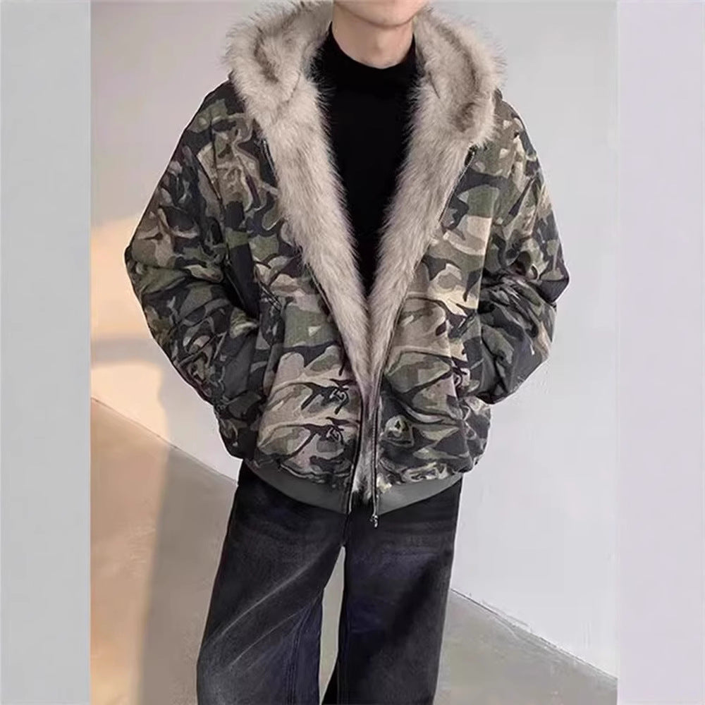 Retro Washed Camouflage Fur Collar Hood Jacket Thickened Coat