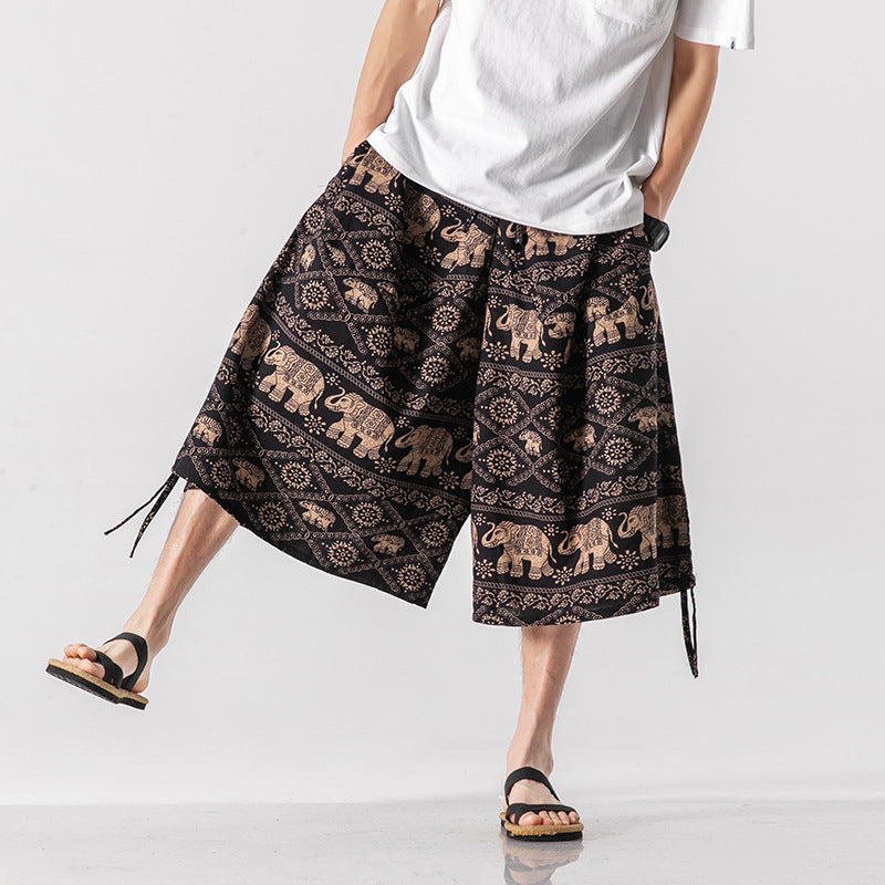 Men's Loose-fitting Chinese Style Elephant Flower Cropped Large Trunks Radish Beach Flower Pants