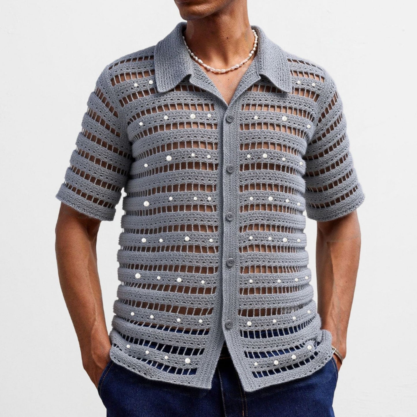 Men's French Beaded Design Hollow Sweater