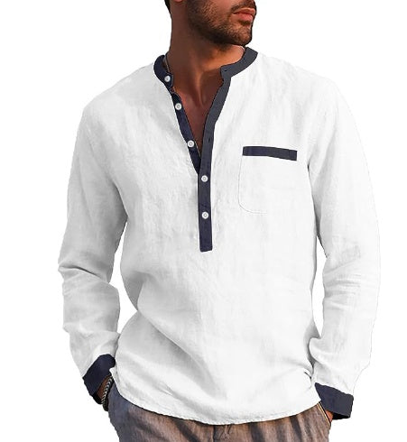 Men's Long Sleeved Henry Shirts Cotton Linen Shirts Regular Men's Shirts