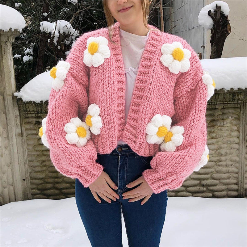 Round Neck Lantern Sleeve Knitted Cardigan Sweater