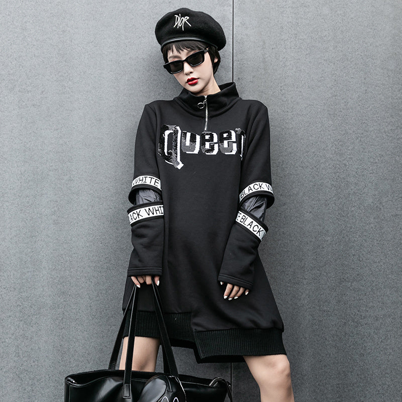 Street Style Long Asymmetrical Hem Printed Zipper Slim Sweater