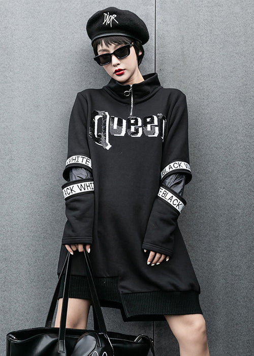 Street Style Long Asymmetrical Hem Printed Zipper Slim Sweater