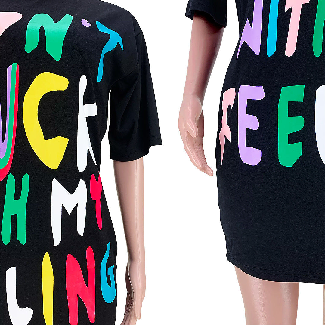 Women's Fashion Multicolor Letter T-Shirt Dress