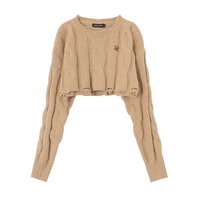 Short Long Sleeve Lazy Wind Pullover Knit Sweater Spice Girl Crew Neck Top Women