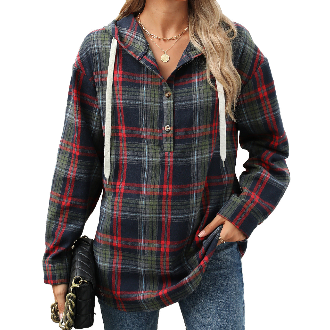 Fashion Plaid Print Hooded Sweatshirt With Button Loose Long Sleeve Hoodies Leisure Sports Top For Womens Clothing