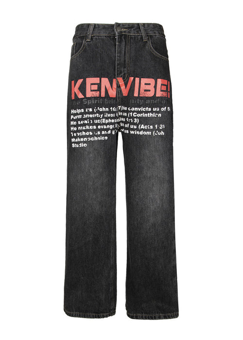 Letter Printing Wash Denim Trousers For Men