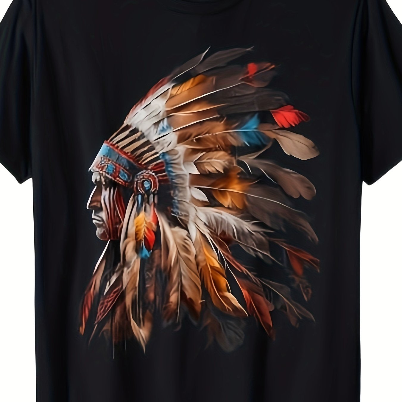 Indian Headdress Pattern T-shirt For Men, Summer Pattern Printed Short Sleeved T-shirt